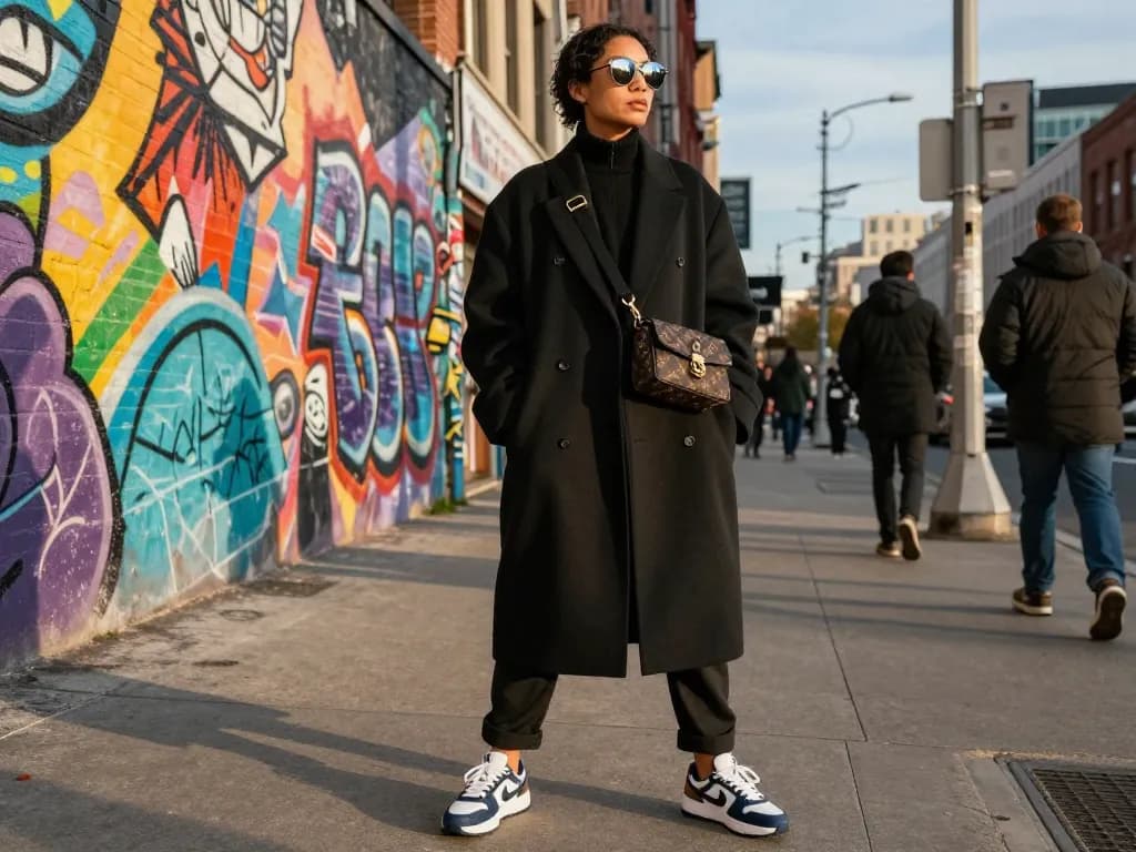 Stylish urban setting featuring 레플리카 fashion, person in trendy coat and sneakers against colorful mural.