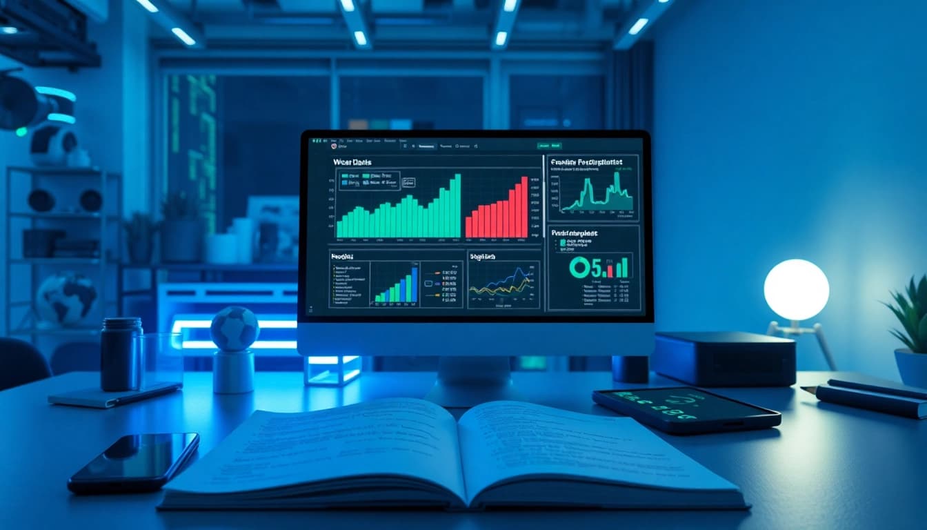 Dynamic web scrapping tools and analytics displayed in a high-tech workspace.