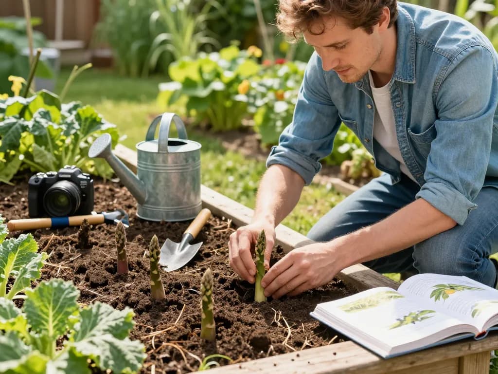 Gardener planting asperges moestuin seedlings in a bright vegetable garden with tools and nurturing atmosphere.
