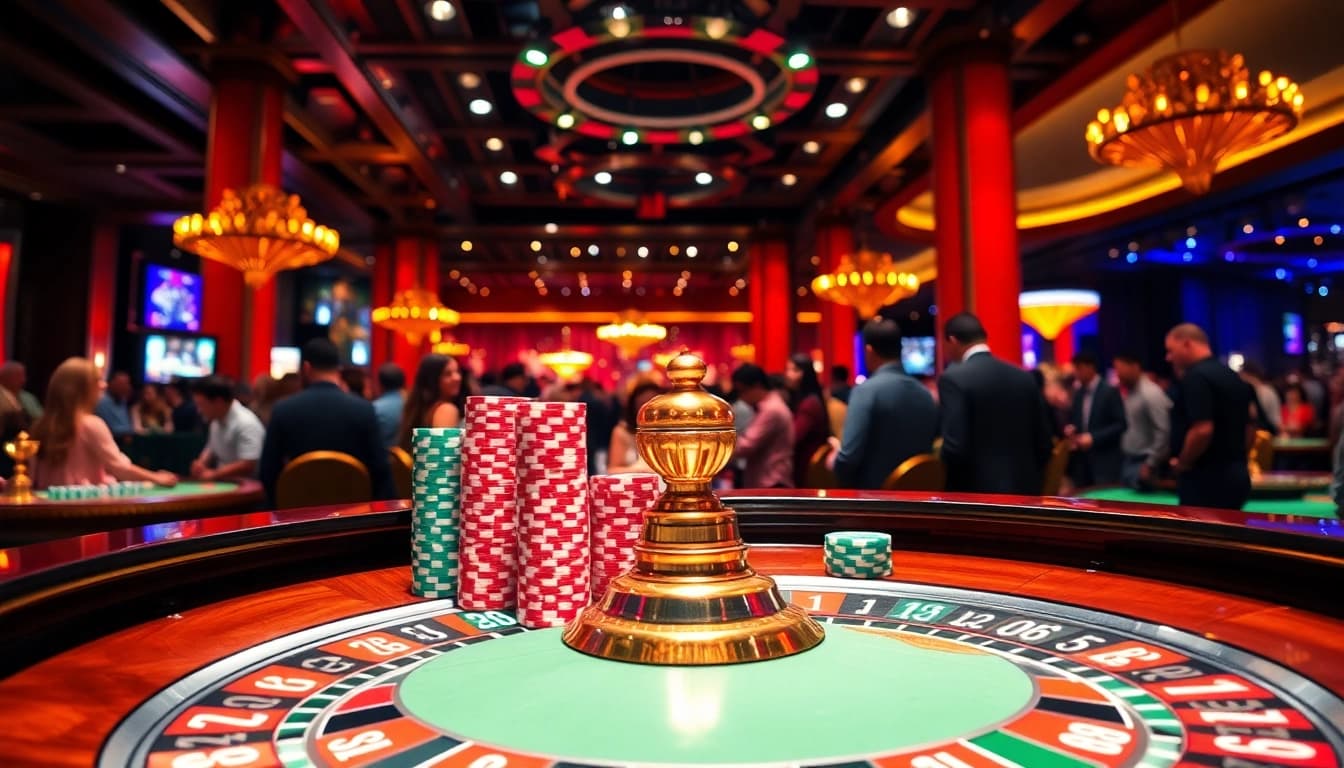 Memenangkan permainan di igamble247 dengan suasana kasino yang meriah dan meja roulette yang penuh.