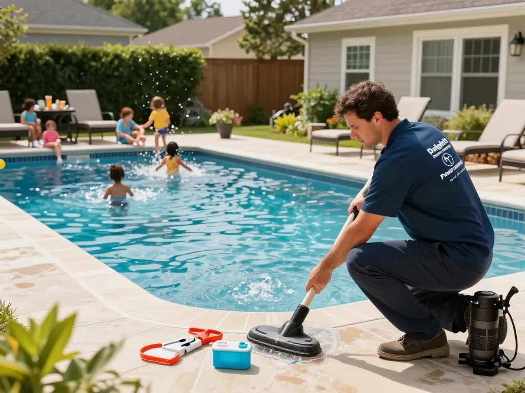 Dolphin Pool Services technician maintaining a vibrant family pool in Virginia's sunshine.