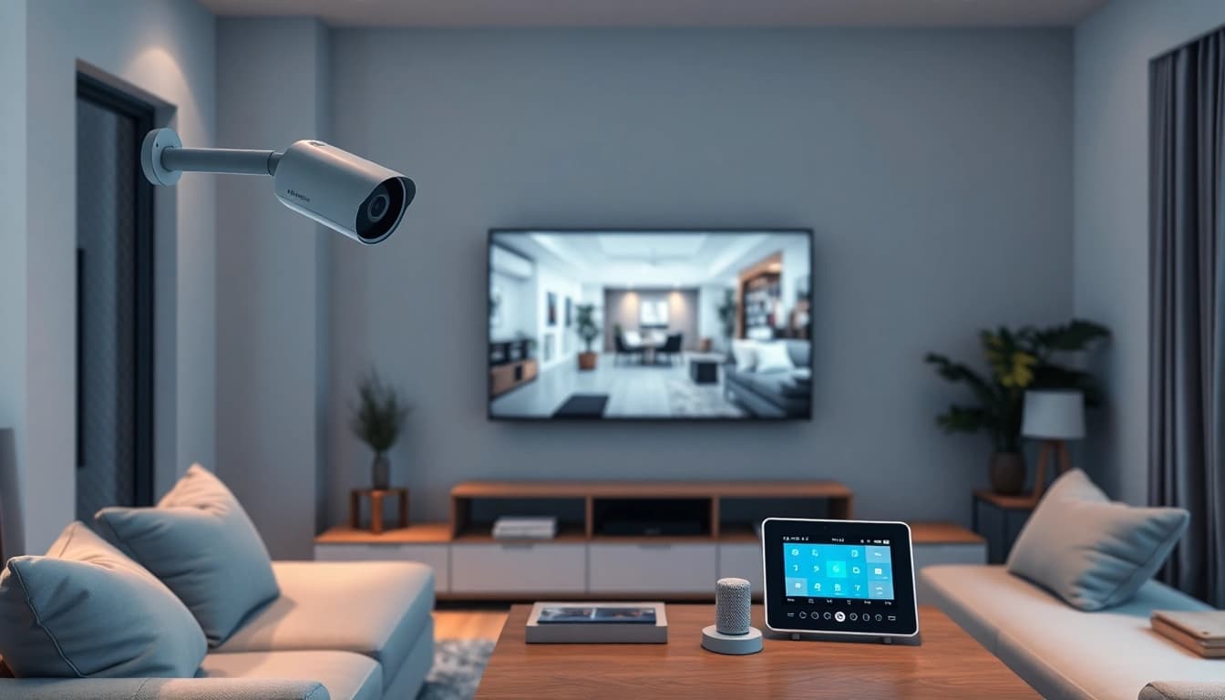 Sistema de seguridad para el hogar con dispositivos de alarmas de seguridad, que incluyen una cámara y un panel de control.