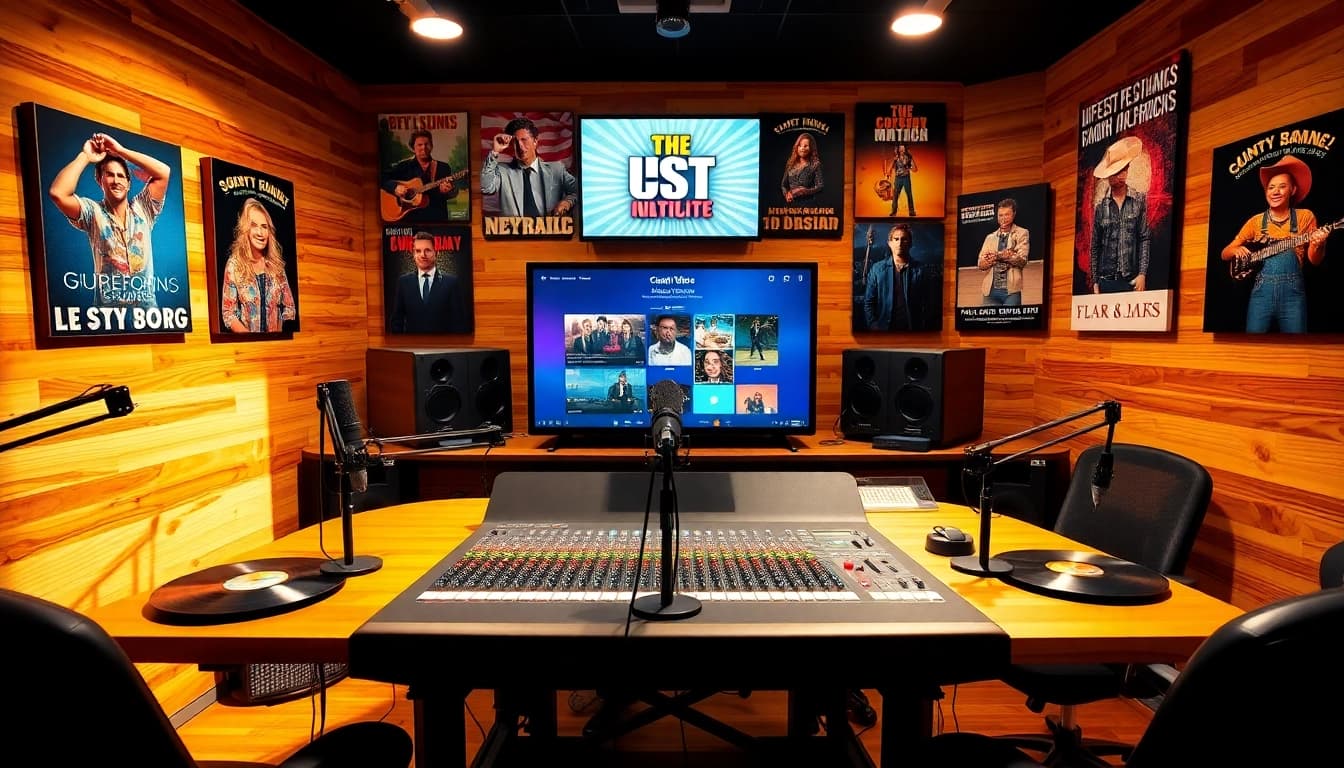Listen to the best country music at https://mycountry955.com with a lively radio studio atmosphere.