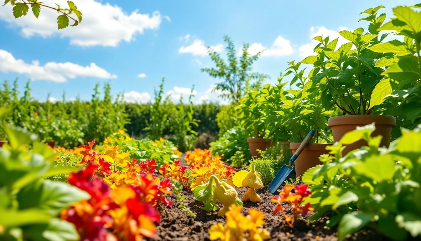 Gardening in a bright vegetable garden with colorful plants and tools.