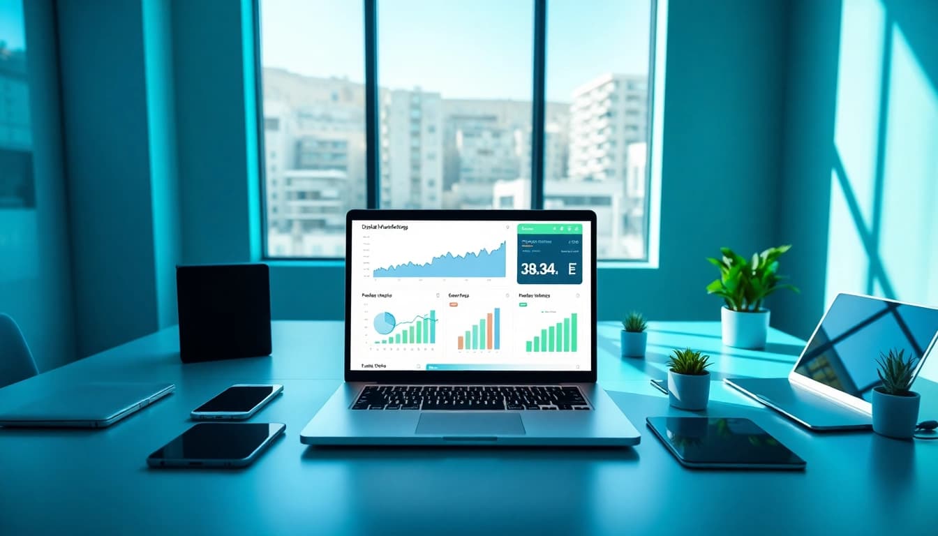 Showcasing https://press.farm on a bright digital marketing workspace with analytical graphs.