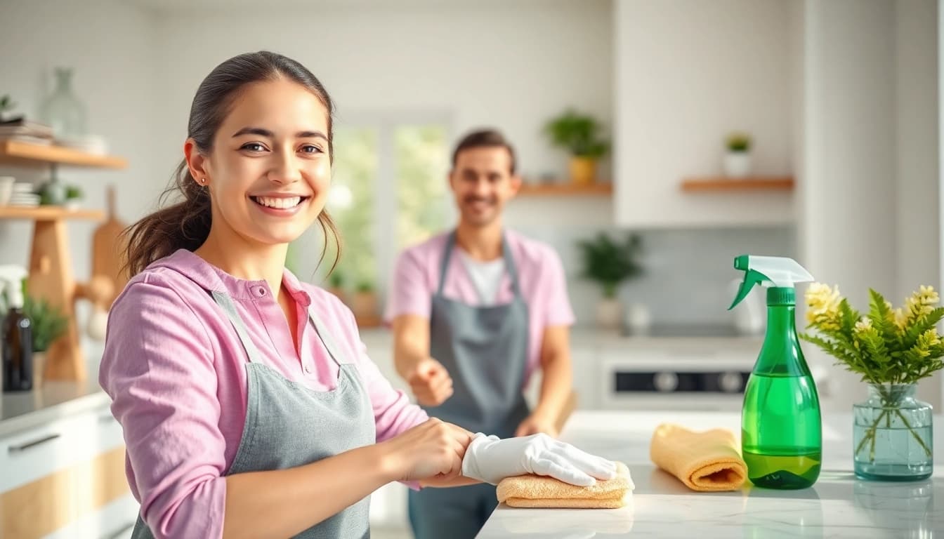 Cleaning service expert providing professional cleaning in a bright, modern home environment.