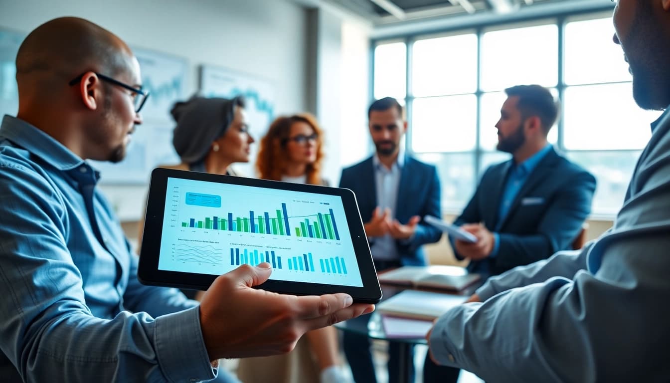 Engaging professionals evaluating business growth insights in a collaborative meeting space.