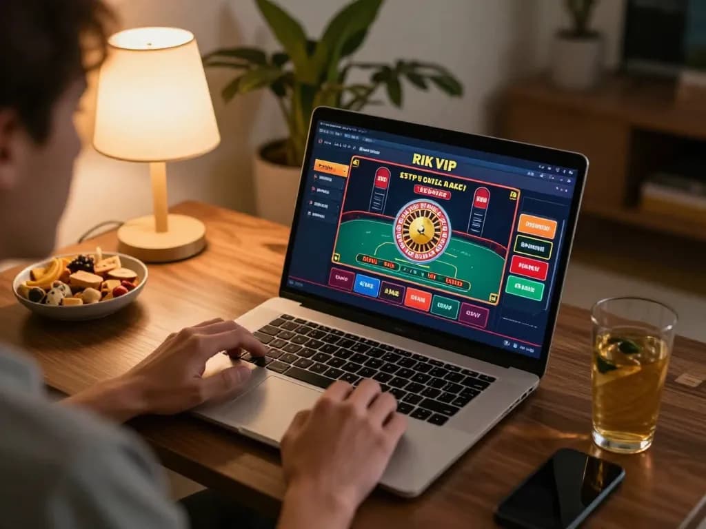 Player enjoying a live dealer game on rik vip at home, highlighting a cozy immersive gaming experience.