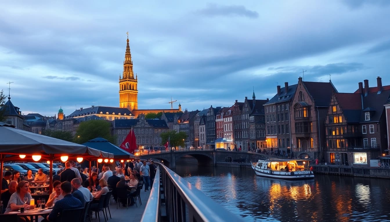 Beleef de schitterende skyline van Utrecht via https://allesinutrecht.nl met de iconische Domtoren in de avond.
