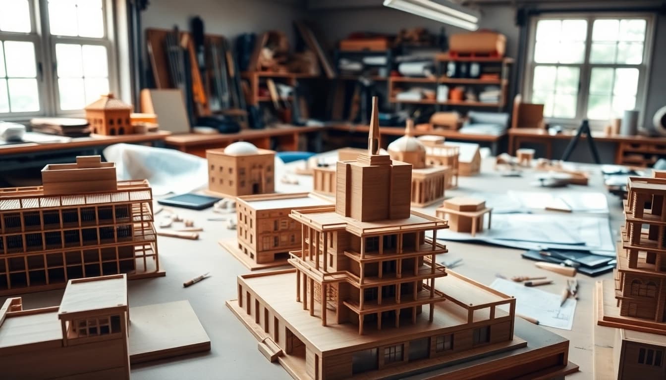Architekturmodellbau Mannheim: Detaillierte Modelle in einer lebhaften Werkstatt mit kreativen Werkzeugen.
