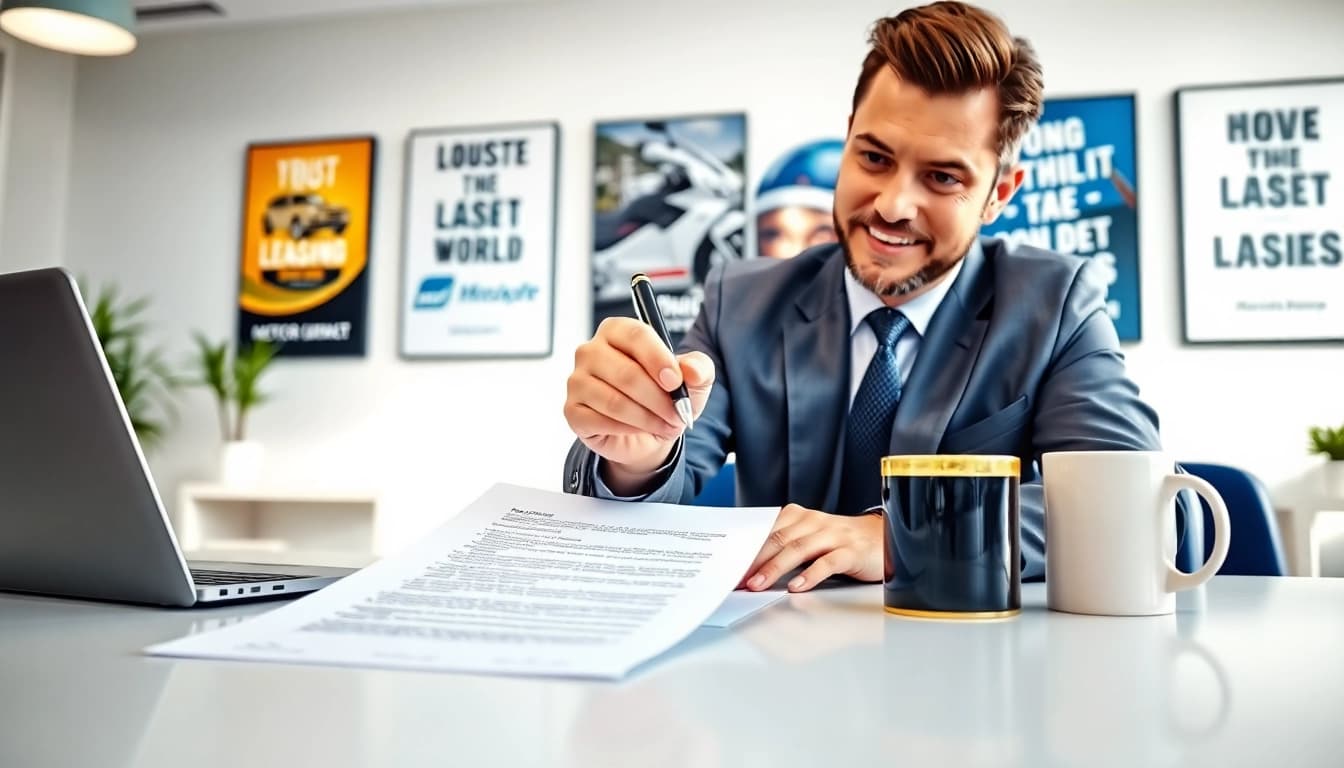 Vertragsunterzeichnung für motorrad leasing in einem modernen Büroraum.