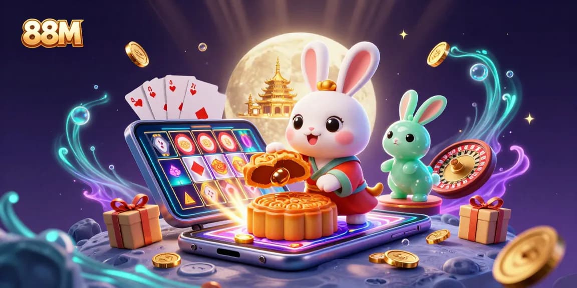 88M showcases a lively scene of moon rabbits, casino elements, and fortune-themed decorations.