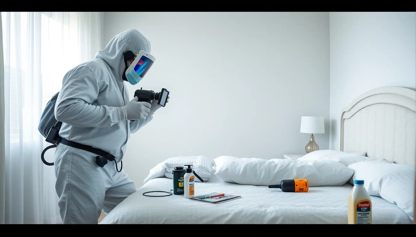 Bed bug exterminators conduct effective treatments in a clean bedroom to eliminate pests.