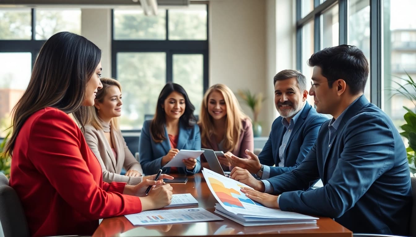 Real Estate agents discussing property options with clients in a warm, professional setting.
