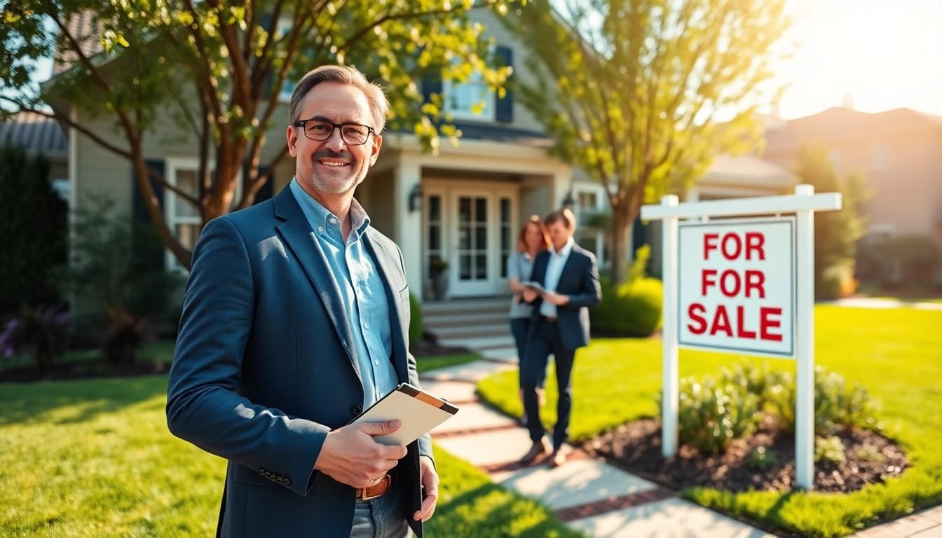 Showcasing Real Estate with an agent interacting with clients in a sunny suburb.