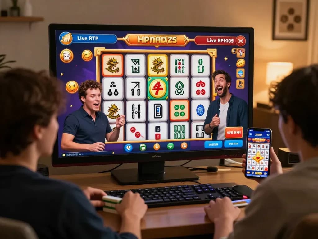 Engaged players celebrating wins in Mahjong Ways online slot game with colorful reels.