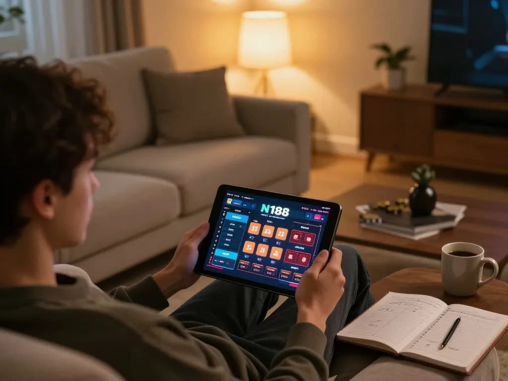 N188 players enjoying online gaming with tablet interface in a cozy living room setting.