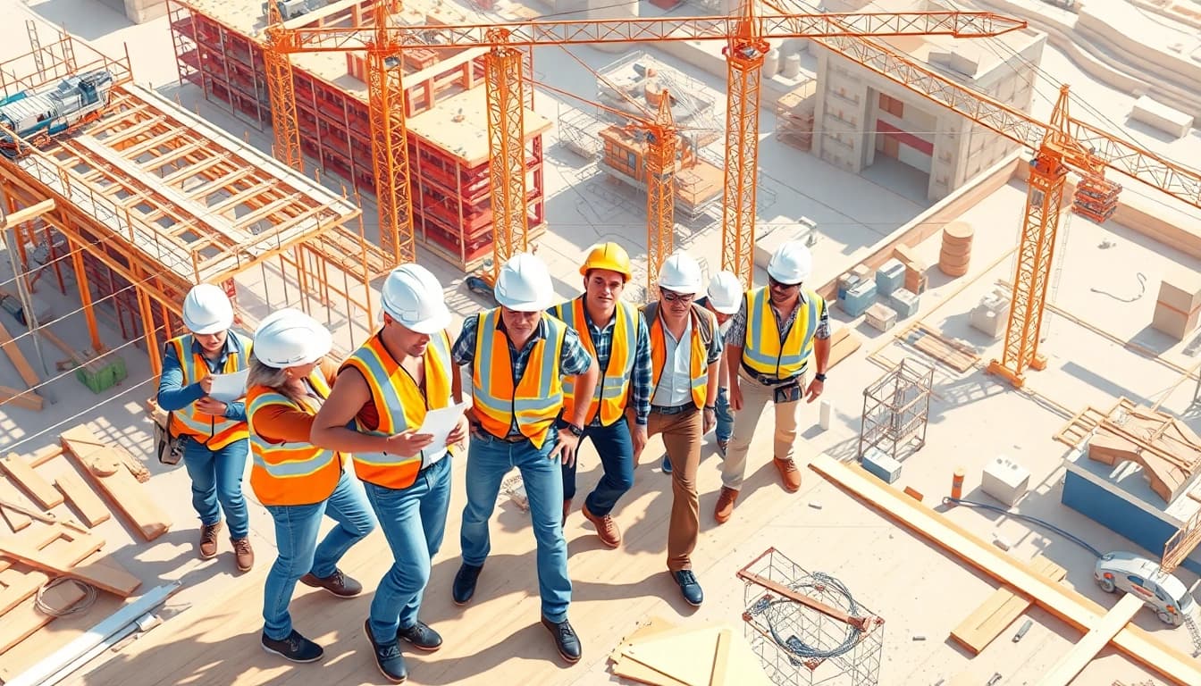 Workers showcasing various Careers in construction on-site, with equipment and dynamic teamwork.