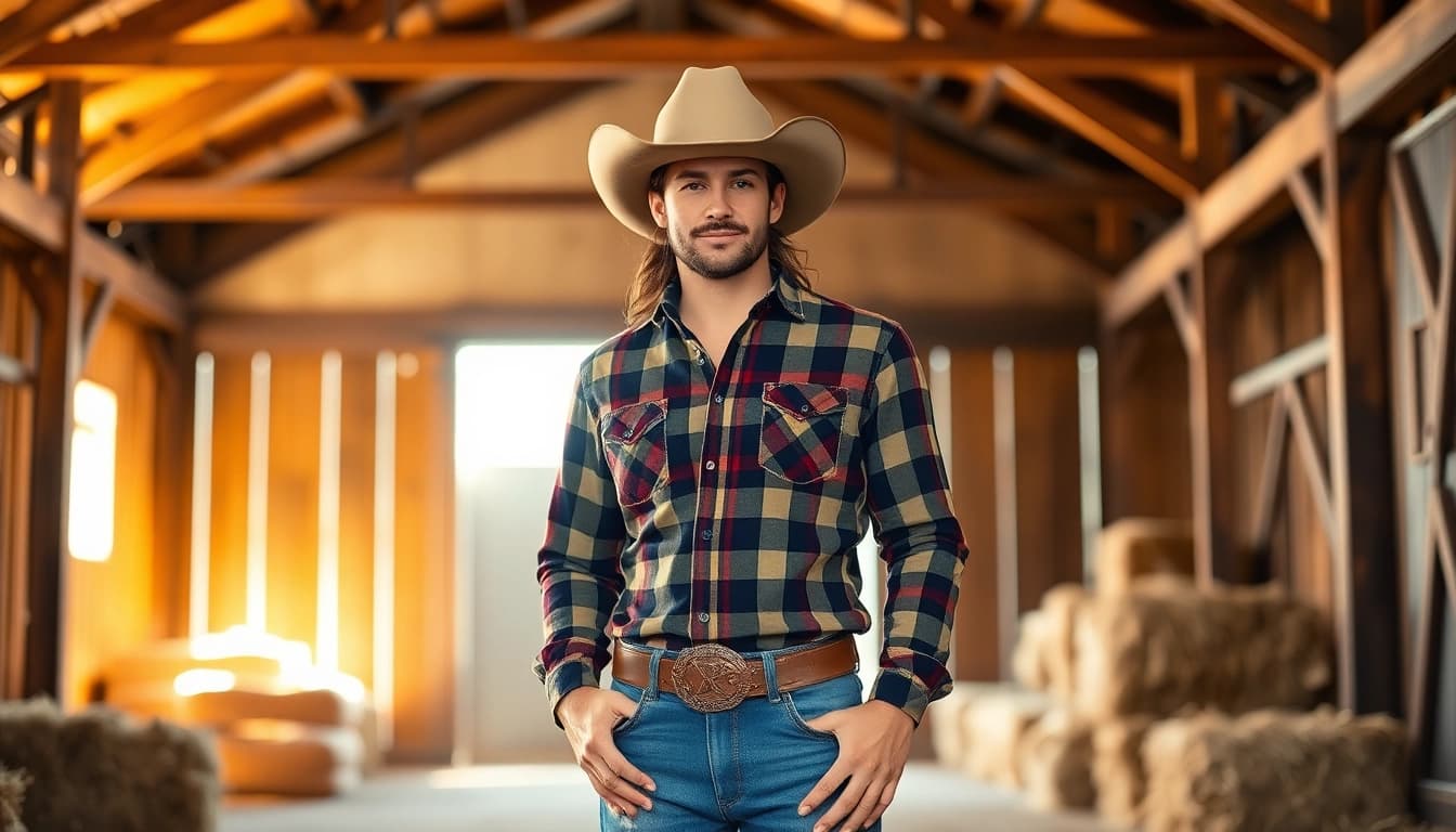 Showcasing ranch wear Canada in a barn setting with rustic charm and vibrant fashion.