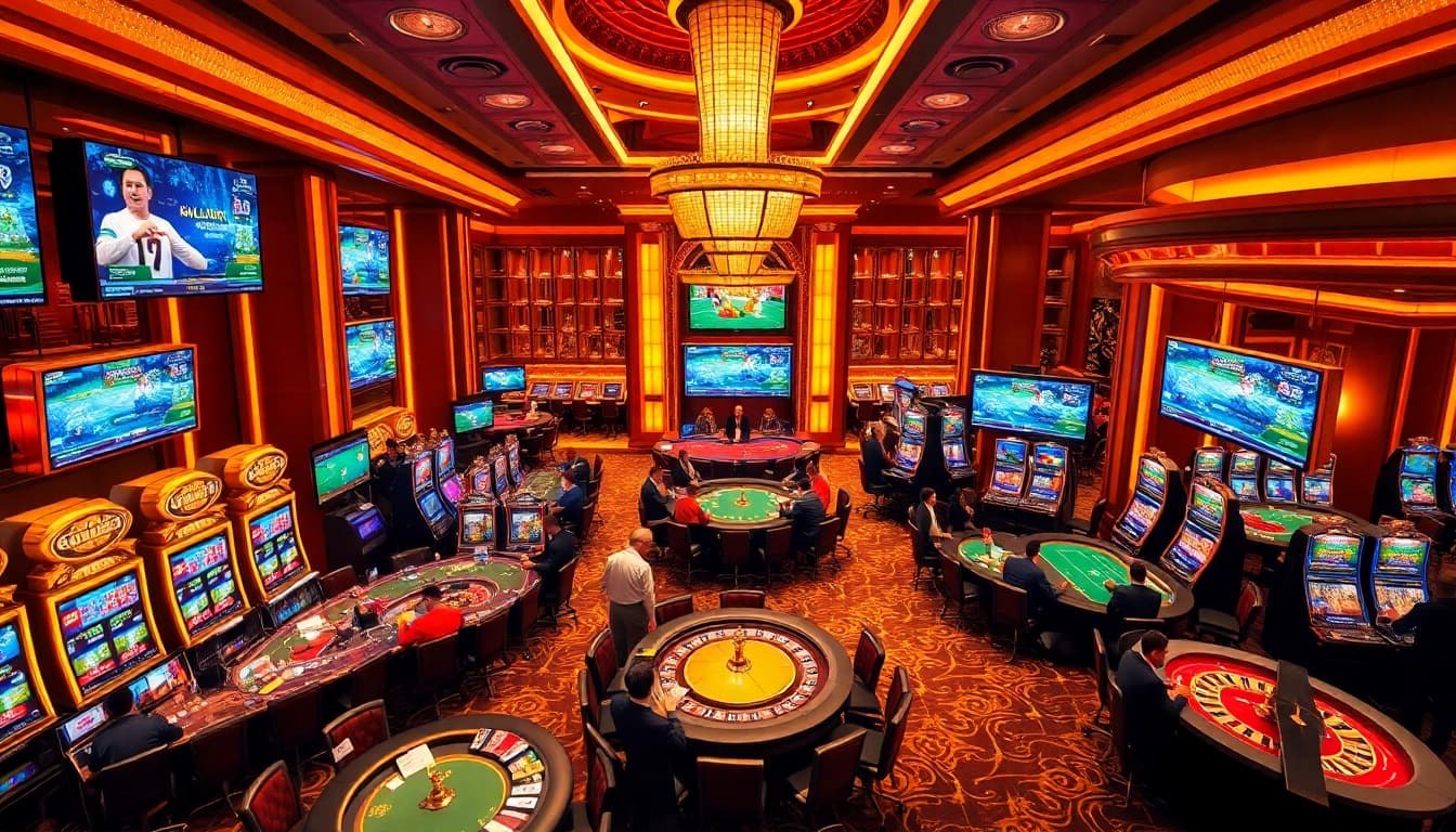 Exciting gameplay at trang chủ w88 amidst vibrant casino tables and slot machines.