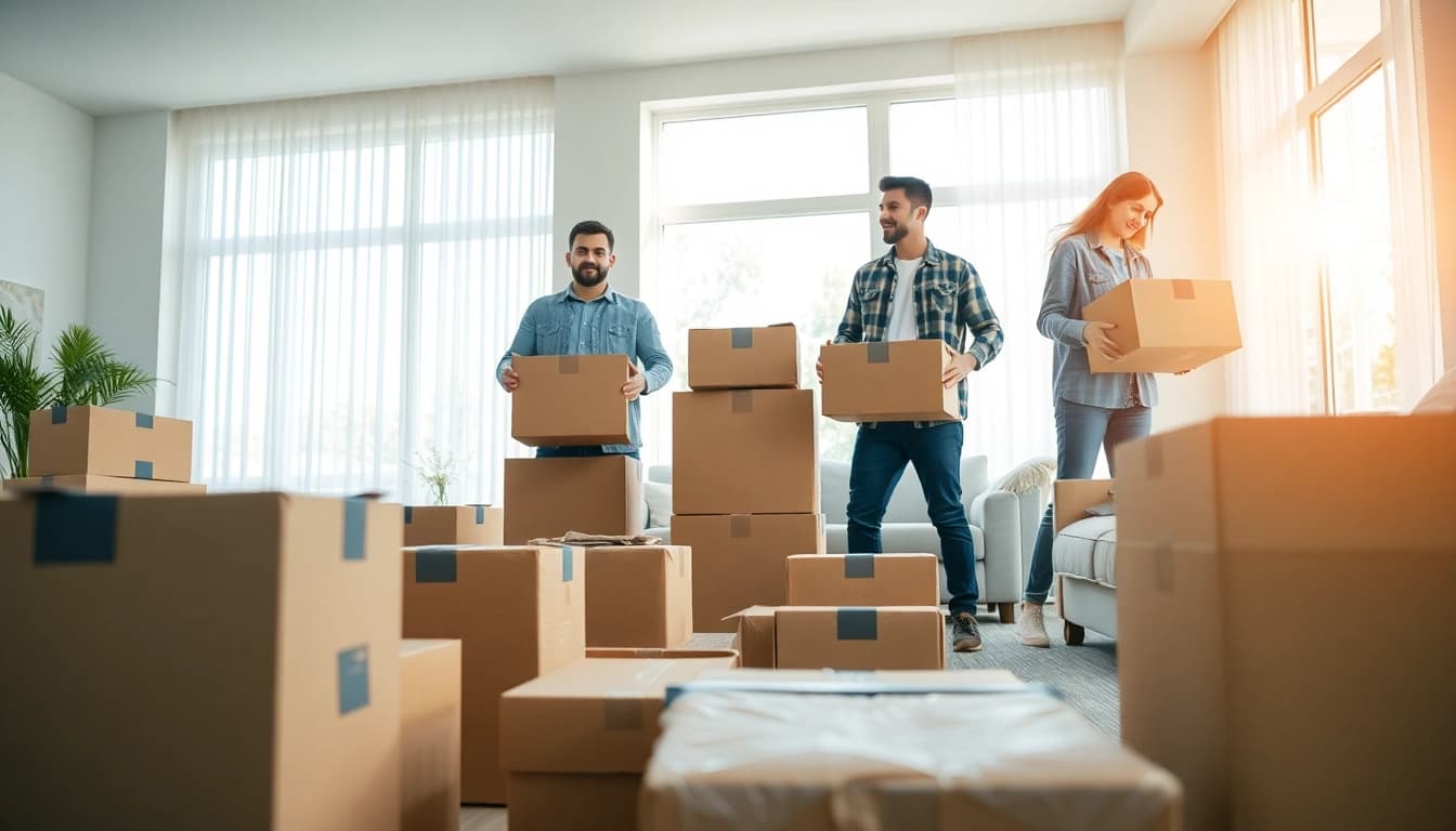 Moving team efficiently packing with house removal companies in a bright room.