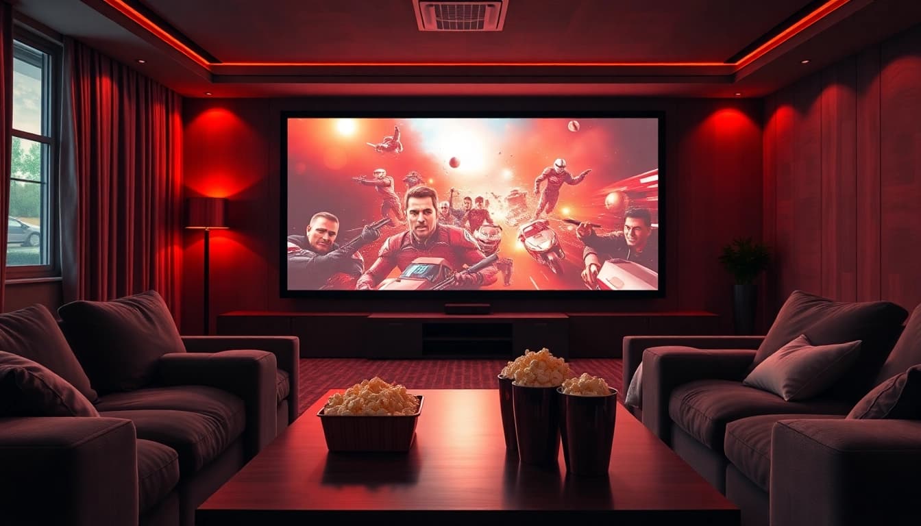 Enjoy ดูหนังออนไลน์ in a modern home theater with vibrant scenes and cozy seating.