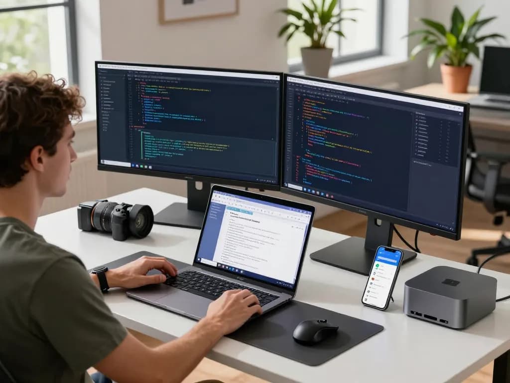Developers utilizing Mac mini in a modern tech workspace with dual monitors and vibrant code visuals.