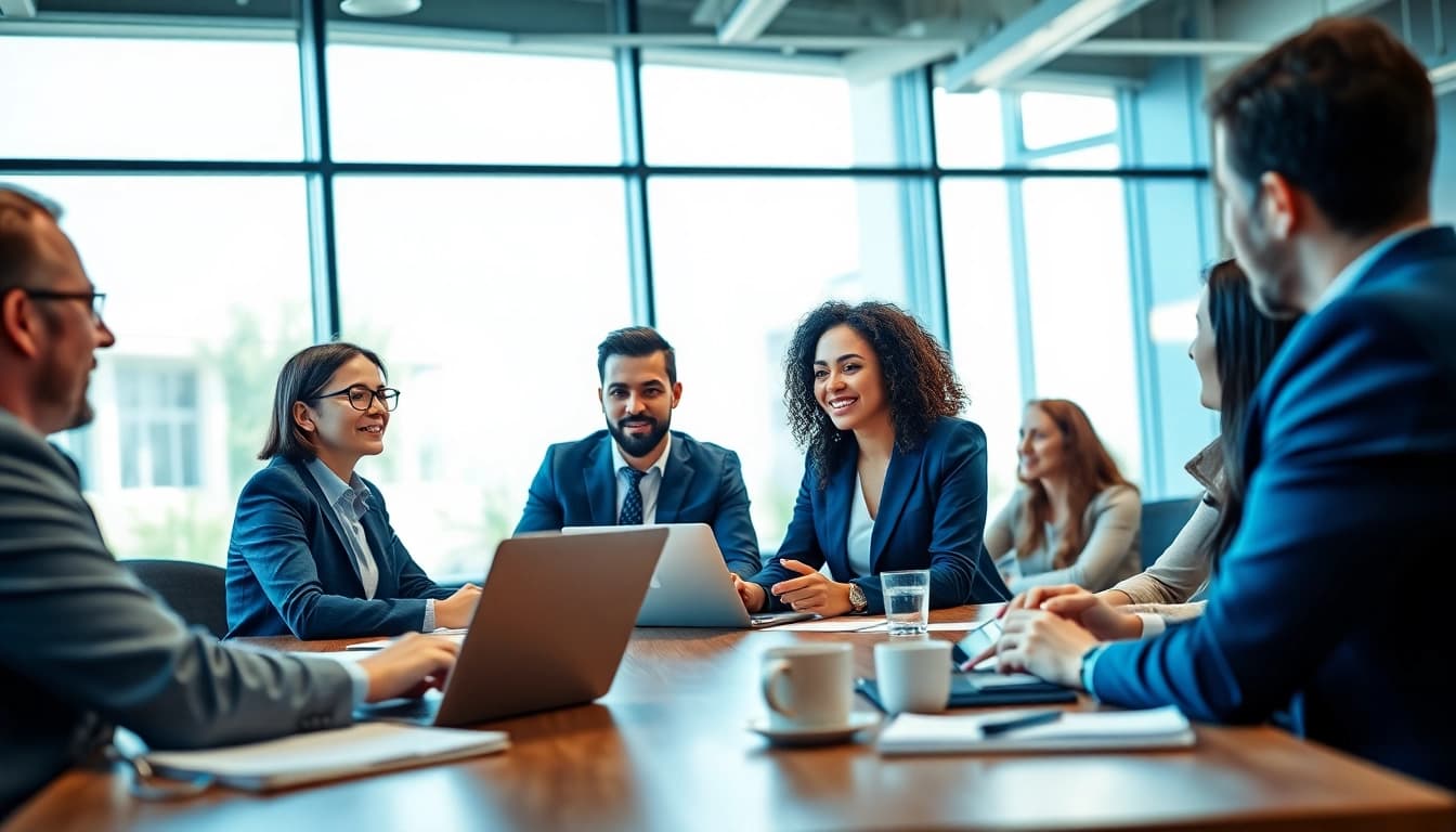 Business professionals collaborating in an innovative office setting with modern design.