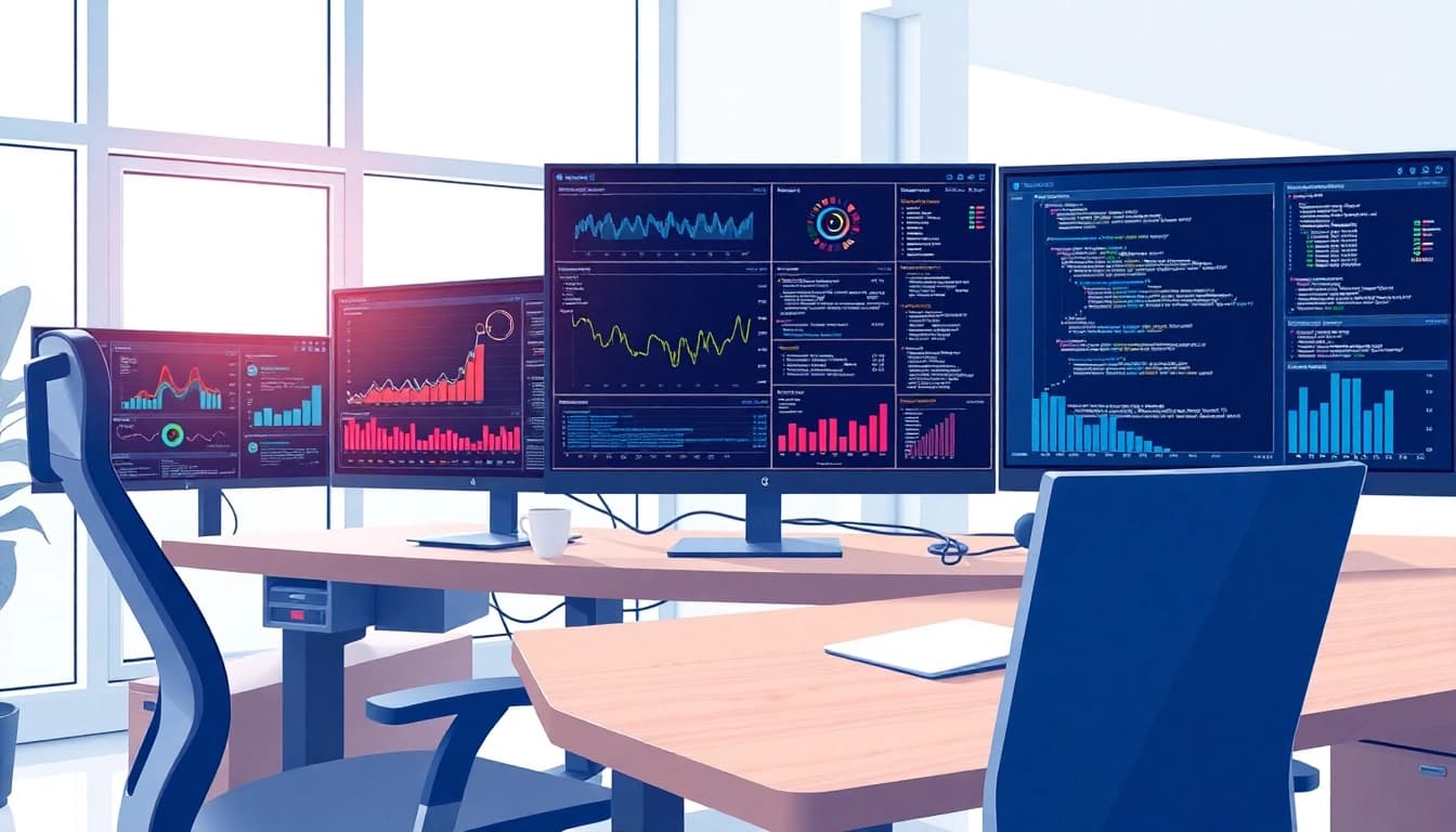 Showcasing technology-driven workspace enhancing productivity with modern setups and data visualization.