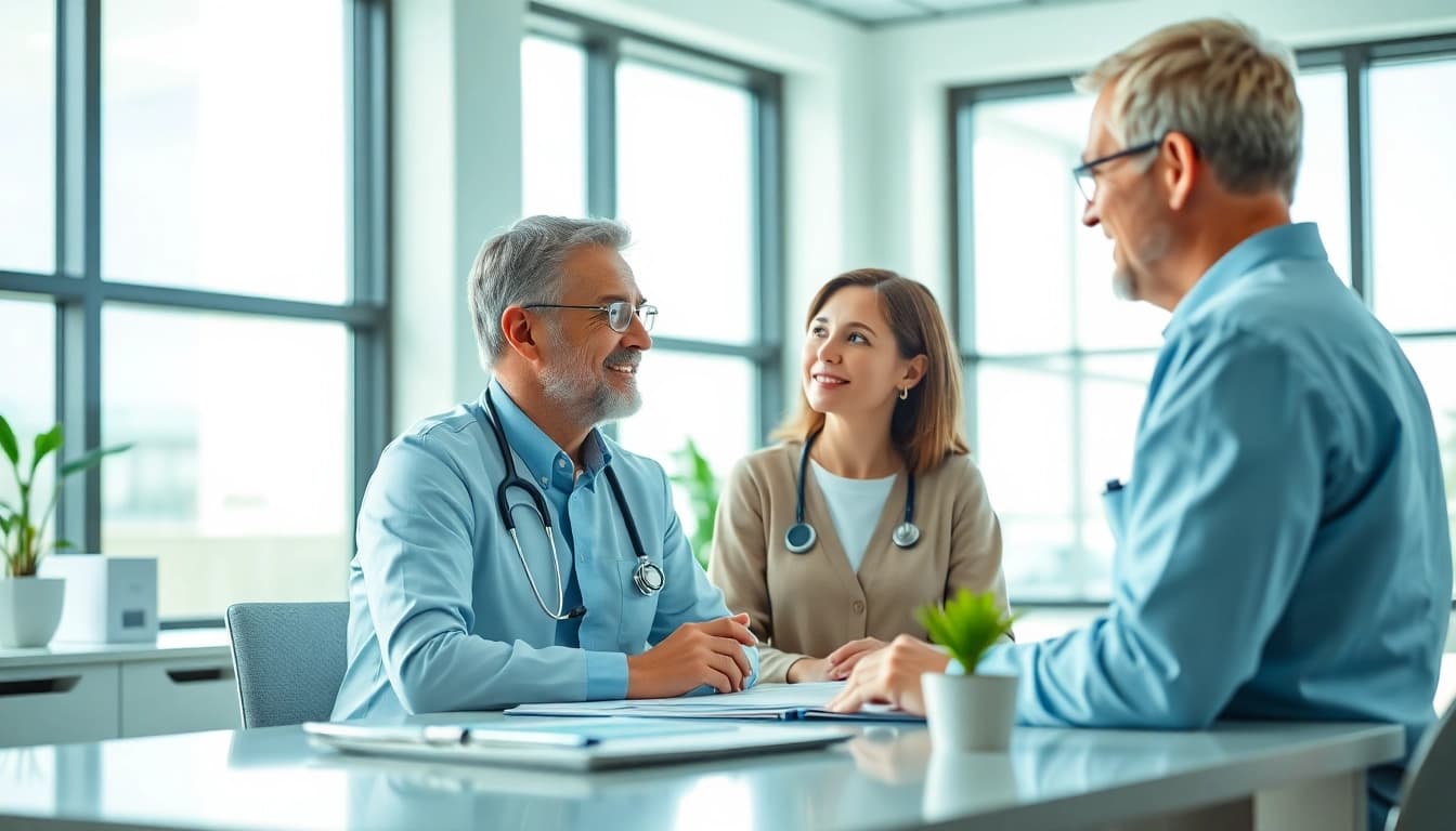 Healthcare consultation at https://www.medexdtc.com featuring a doctor and patient in a modern office.