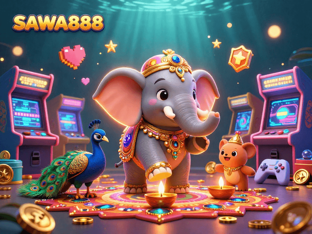 Experience the thrill at SAWA888 with vibrant games, celebratory themes, and casino elements!