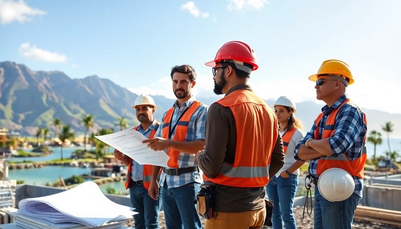 Hawaii construction association team collaborating on-site with plans and tools under natural light.