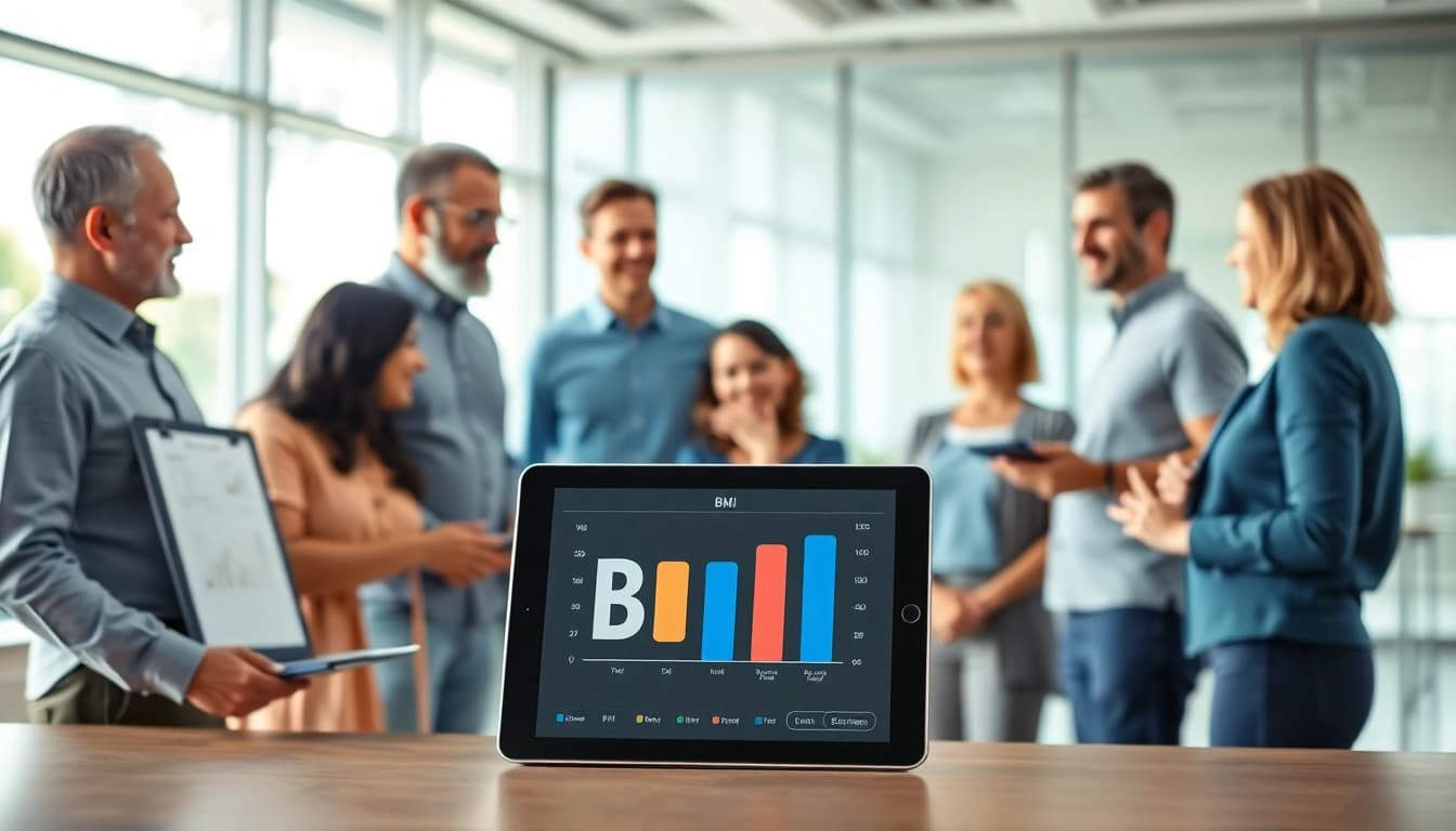 Group discussing health with bmi calculator charts and screens visible