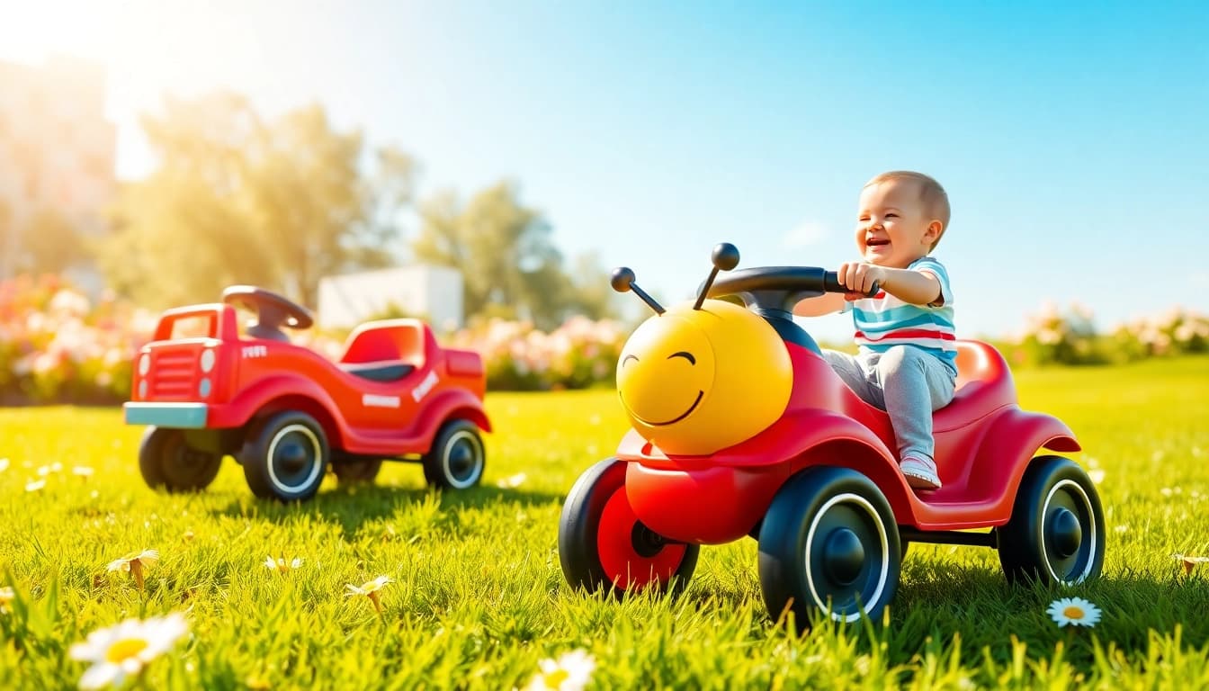 Kids enjoying various ride on toys in a sunny park setting showcasing joy and fun.
