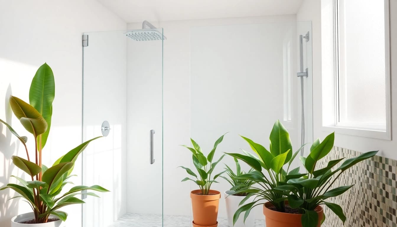 Experience the refreshing feel of a sunny shower in a modern bathroom setting with lush greenery.
