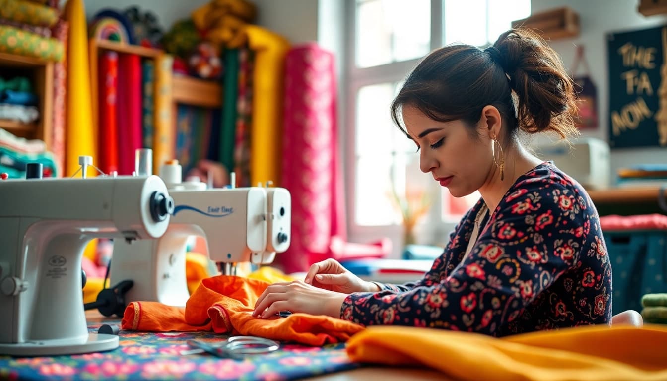 Stoffen voor naaien beginners worden creatief gebruikt door een ervaren naaister in haar atelier.
