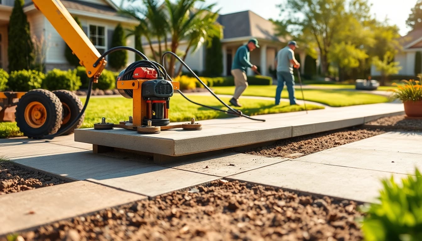 Mudjacking professionals leveling a concrete slab in a residential yard.