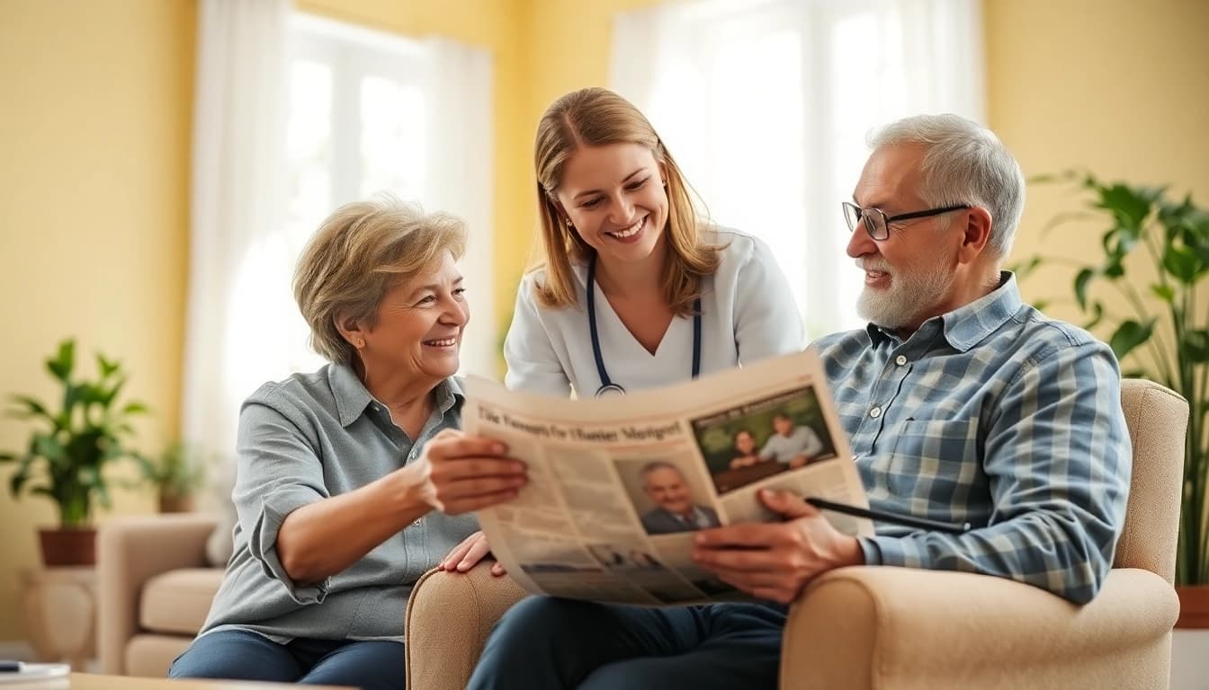 Engaging moment of senior care in Austin, TX, with caregiver assisting a senior in a cozy home setting.