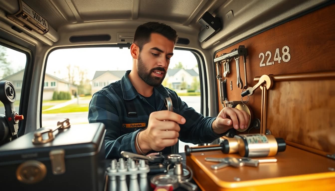 24h locksmith assisting with locks in a bright service van, providing expert solutions.