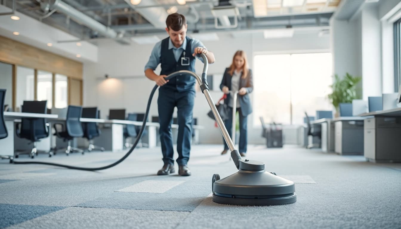 Engaging commercial carpet cleaning scene in a professional office setting with technicians at work.