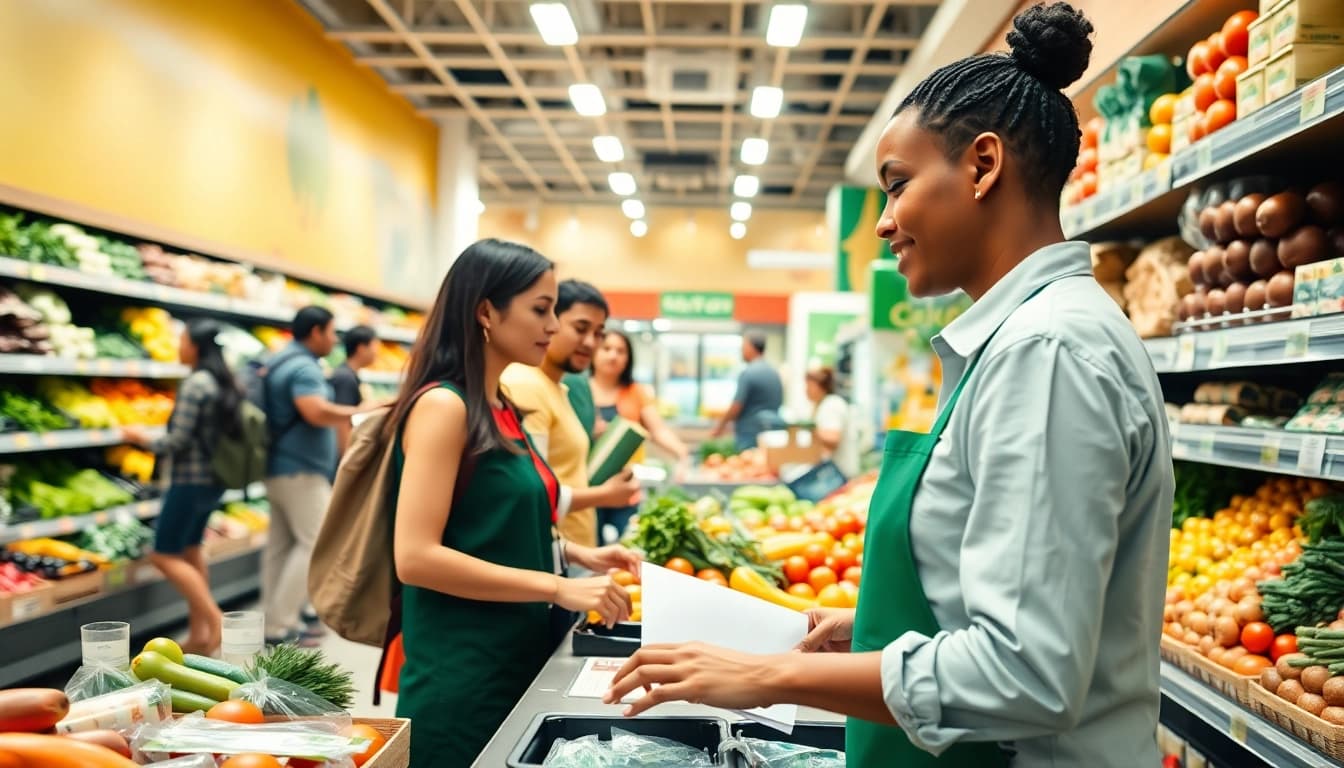 Engage in modern trade activities inside a bustling urban supermarket with varied products.