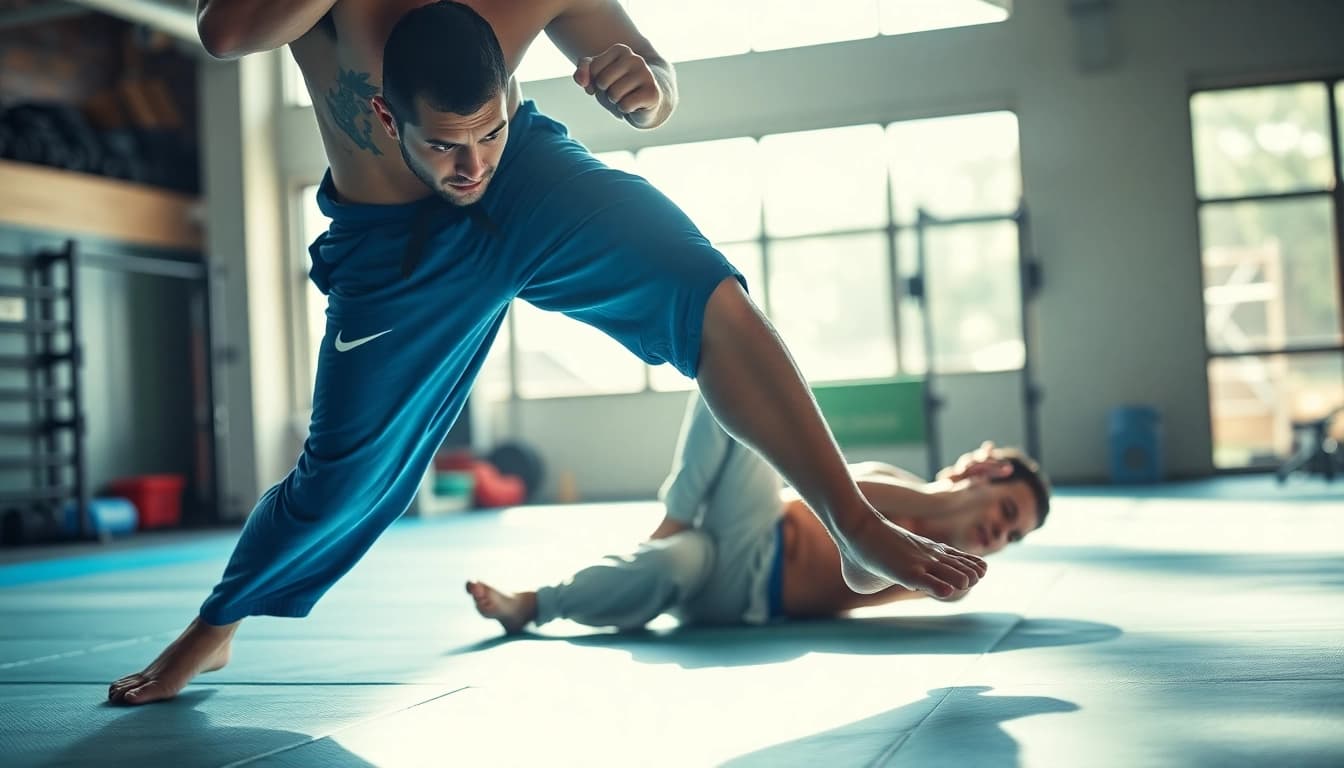 Train hard in BJJ Shorts while executing a jiu-jitsu move in a dynamic gym setting.