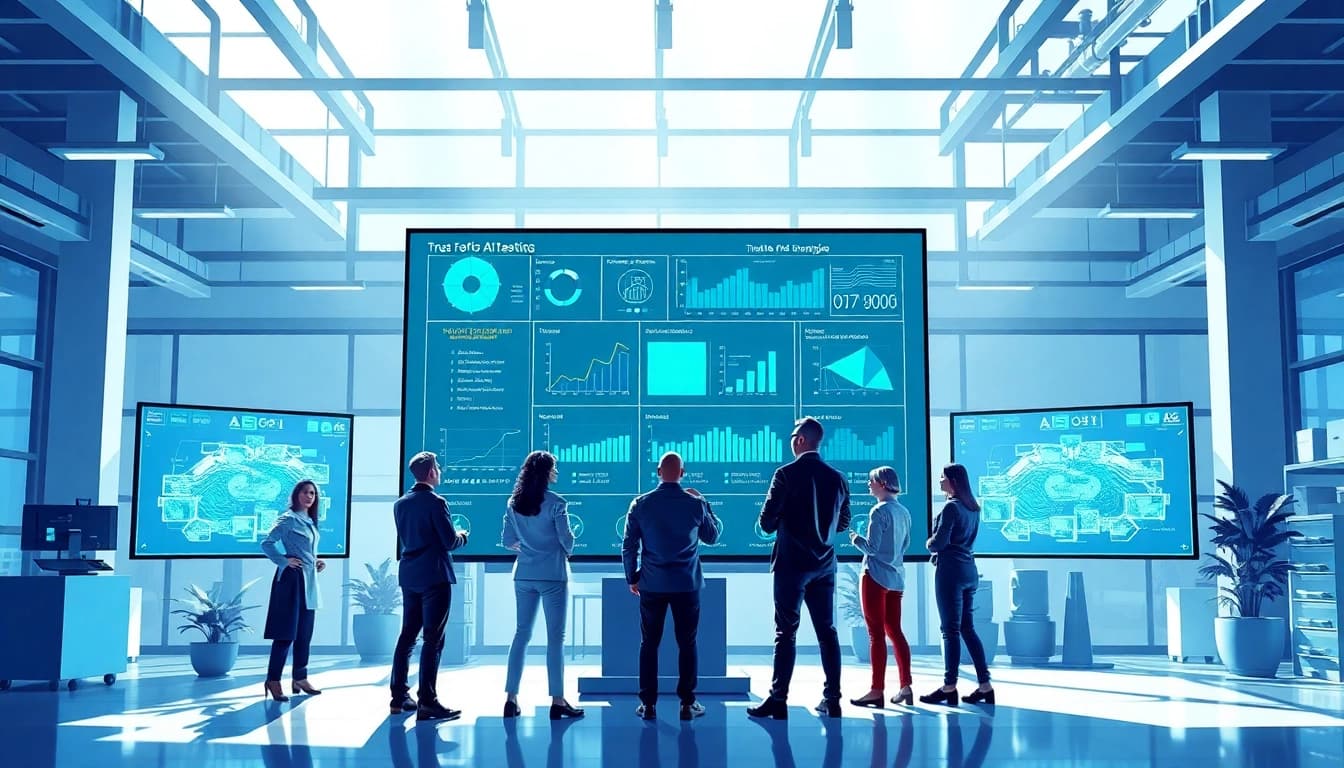 Enhance your AI testing with https://benchbot.ai showcasing diverse professionals collaborating in a modern office.