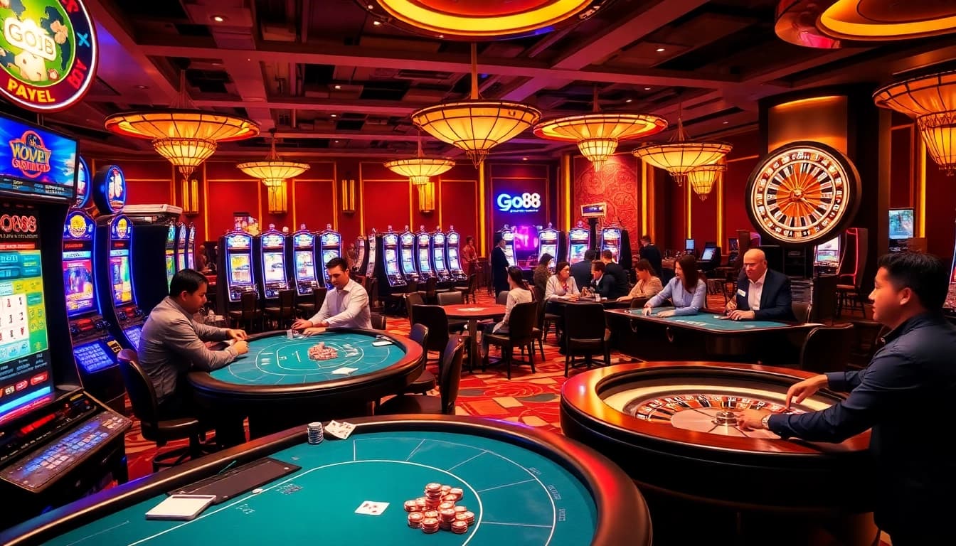 Engage in the thrilling game go88 with vibrant casino elements like tables, chips, and players.