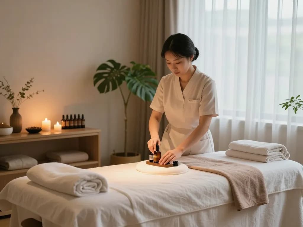 Relaxing 삼산동마사지 room setup with soothing oils, warm lighting, and inviting decor.