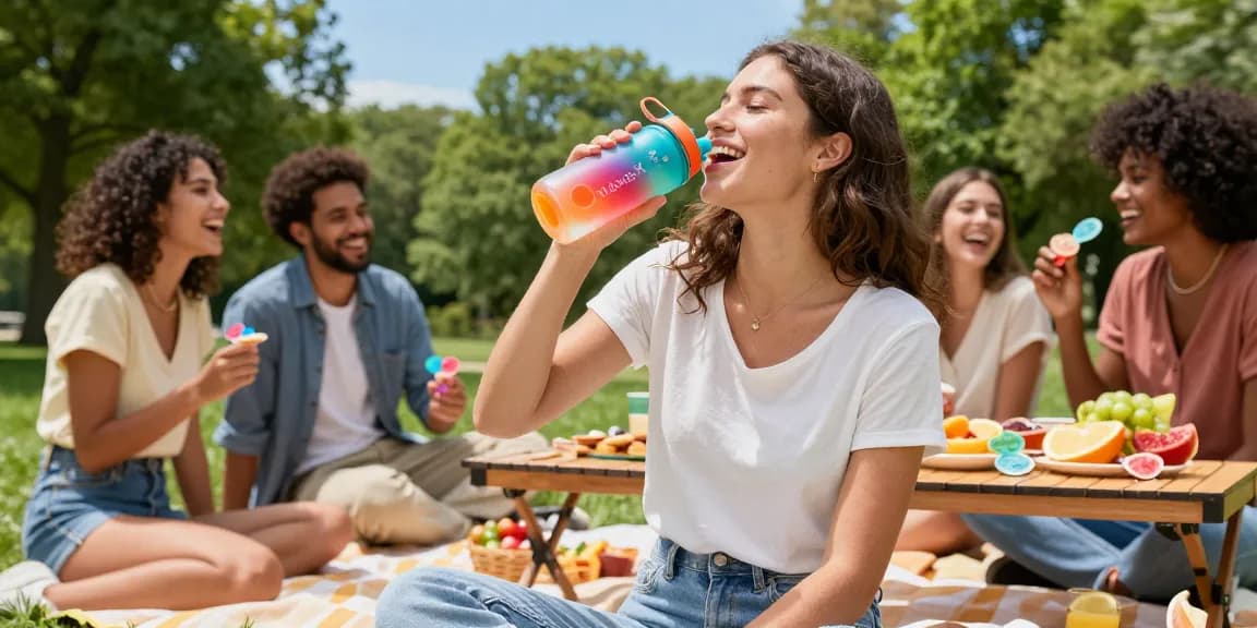 Enjoying water bottle with flavor pods in a sunny park, surrounded by friends for a refreshing moment.