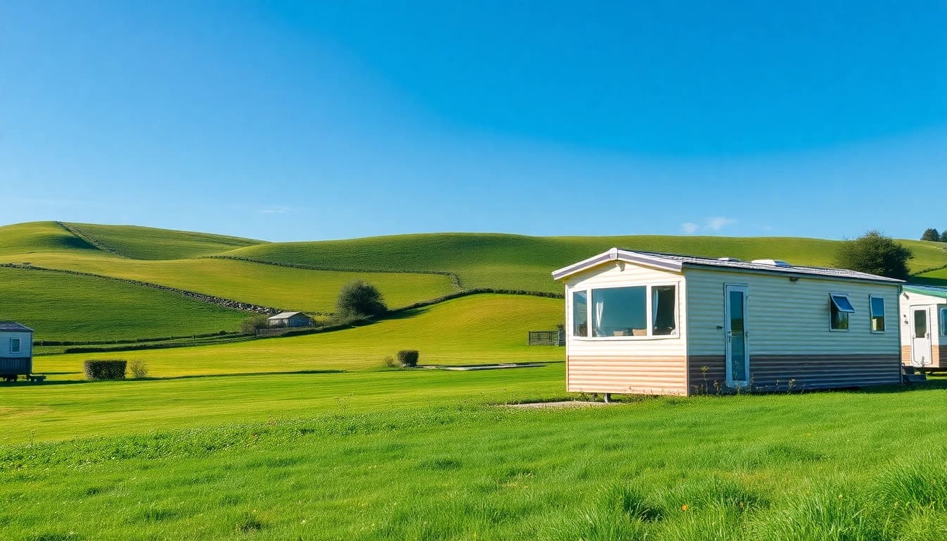 View of Static Caravans nestled in a beautiful countryside landscape.