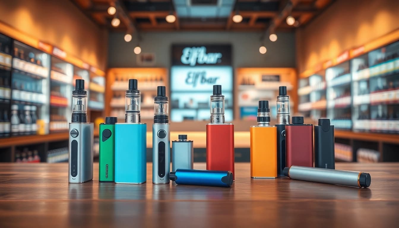 Explore the vibrant Elf Bar vape devices on display in a stylish vape shop setting.