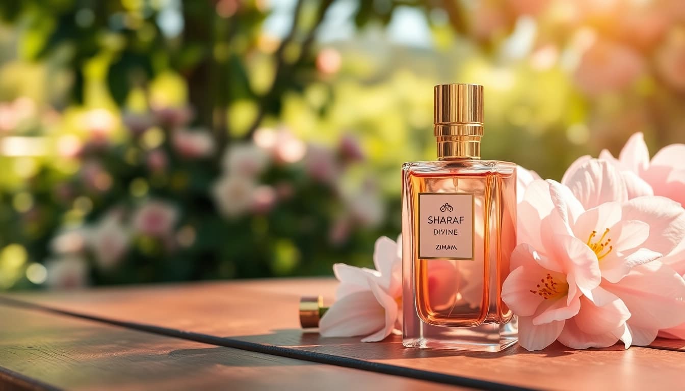 Ruikt naar de verleidelijkheid van Sharaf Divine by Zimaya, omringd door bloeiende bloemen.