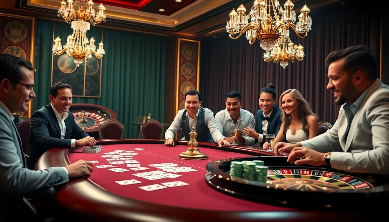 Experience the thrill of high-stakes gambling at Thabet casino, showcasing poker tables and vibrant roulette wheels.